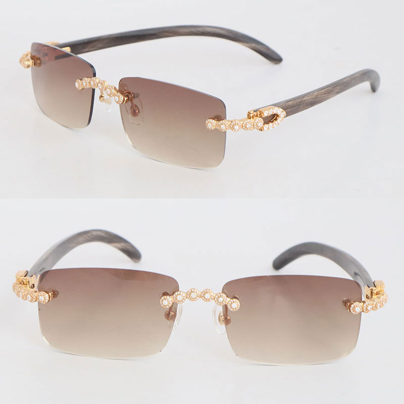 Model Hand-made Moissanite Diamond Set Rimless Sunglasses Womans Original Genuine Natural Sunglasses MARBLED BLACK BUFFALO HORN Men Famous Sun Glasses Size 57