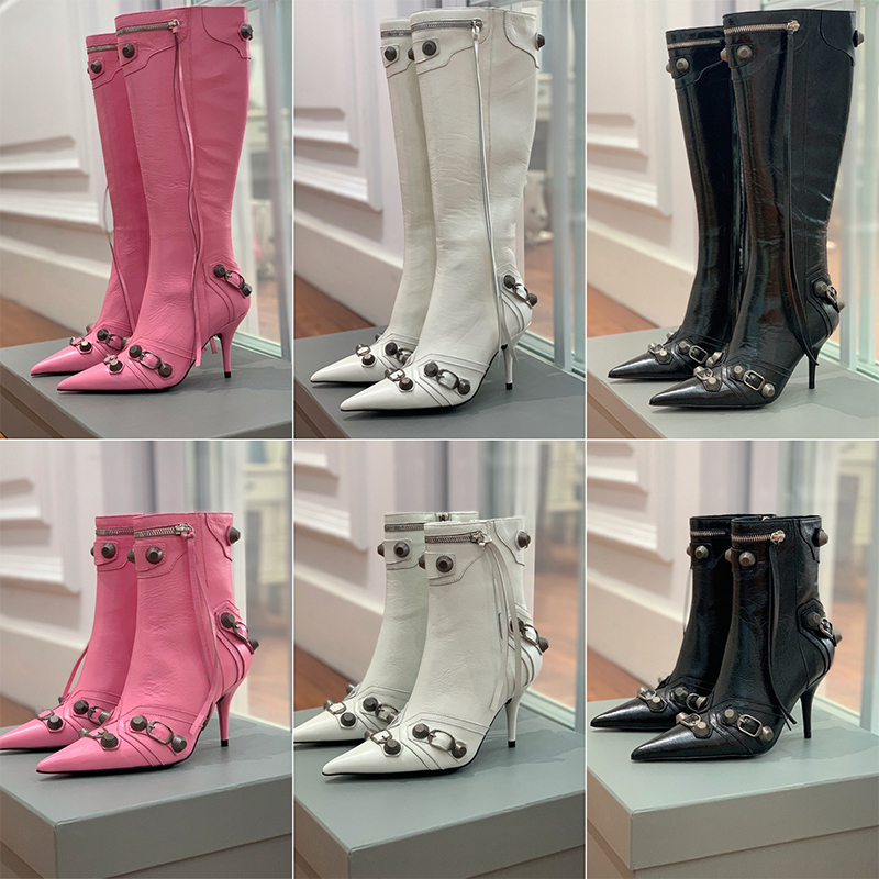 Designer boots Cagole womens winter black knee high boot woman Tassel zipped Genuine leather Rivets trim booties Motorcycle for women sexy stiletto high bottes 9cm