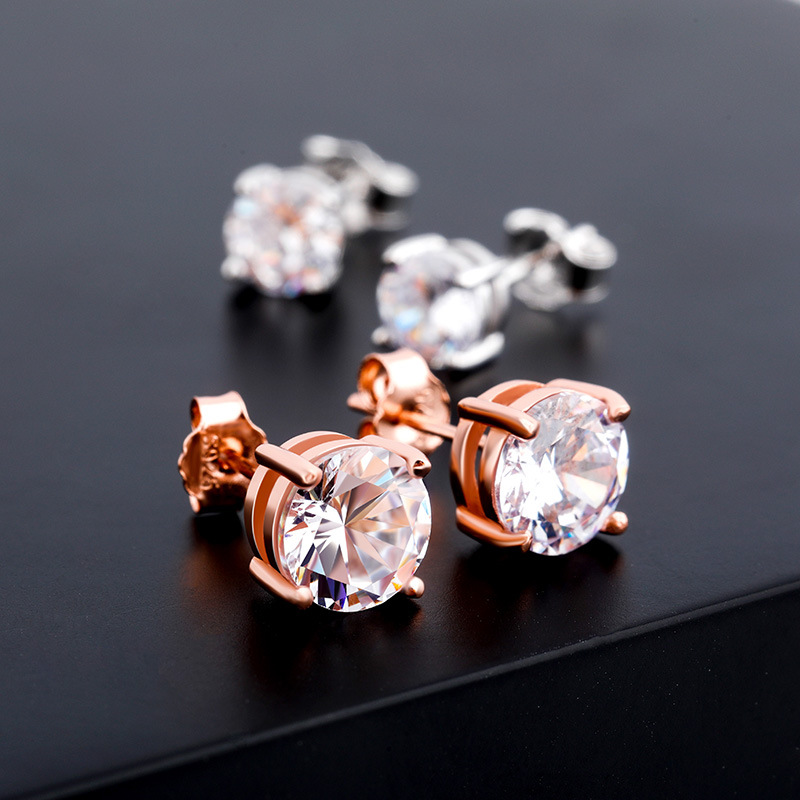 S925 Sterling Silver Stud Earrings Bling White Zircon Diamond Stone 18K Real Gold Plated Jewelry