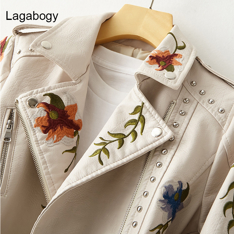 Women's Leather Faux Lagabogy Women Punk Style Fuax Jacket Streetwear Moto Biker Embroidery Floral Print Rivet Pu Coat Oversized Outwear 220919