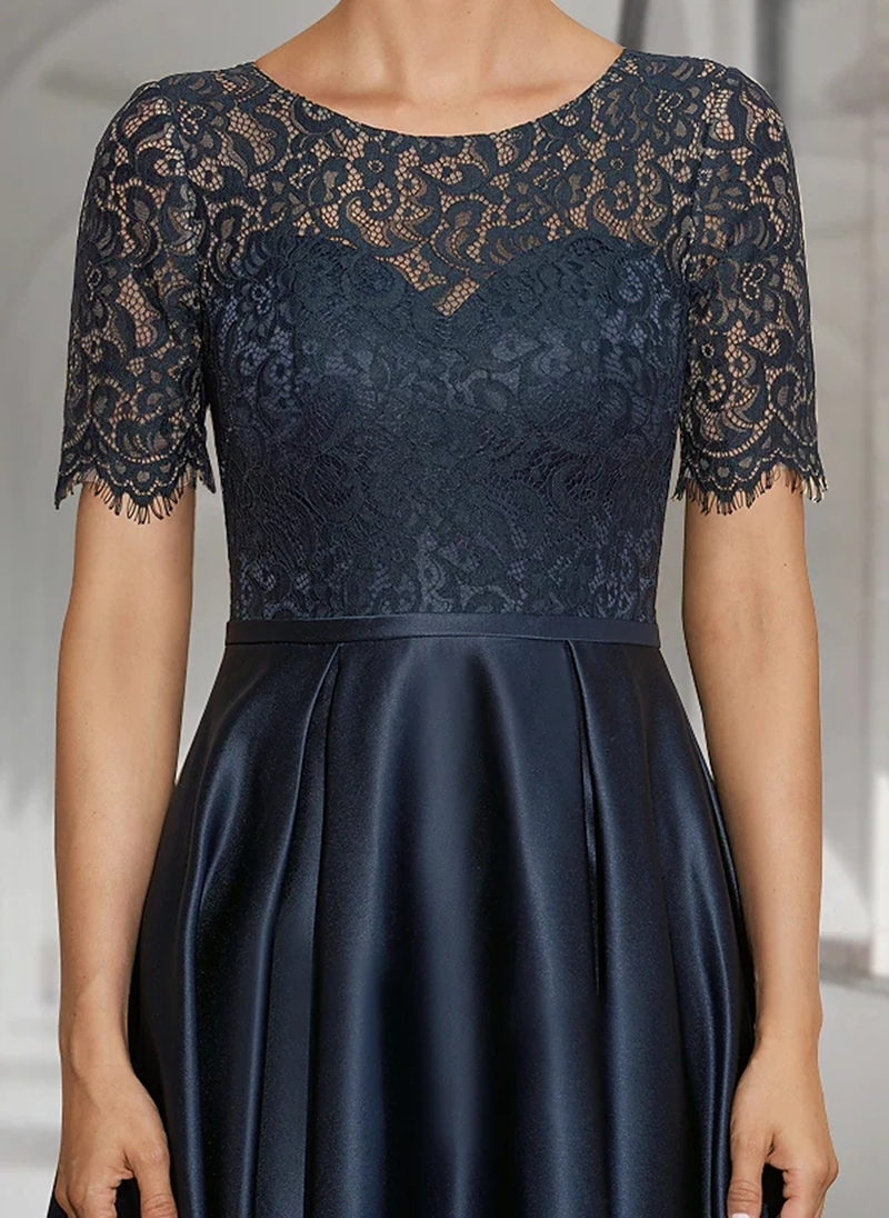 Elegant High Low Mother of the Bride Dresses Dark Navy A-Line Wedding Guest Dress Vintage Jewel Lace Satin Short Sleeve Groom Mom Prom Evening Gowns 2