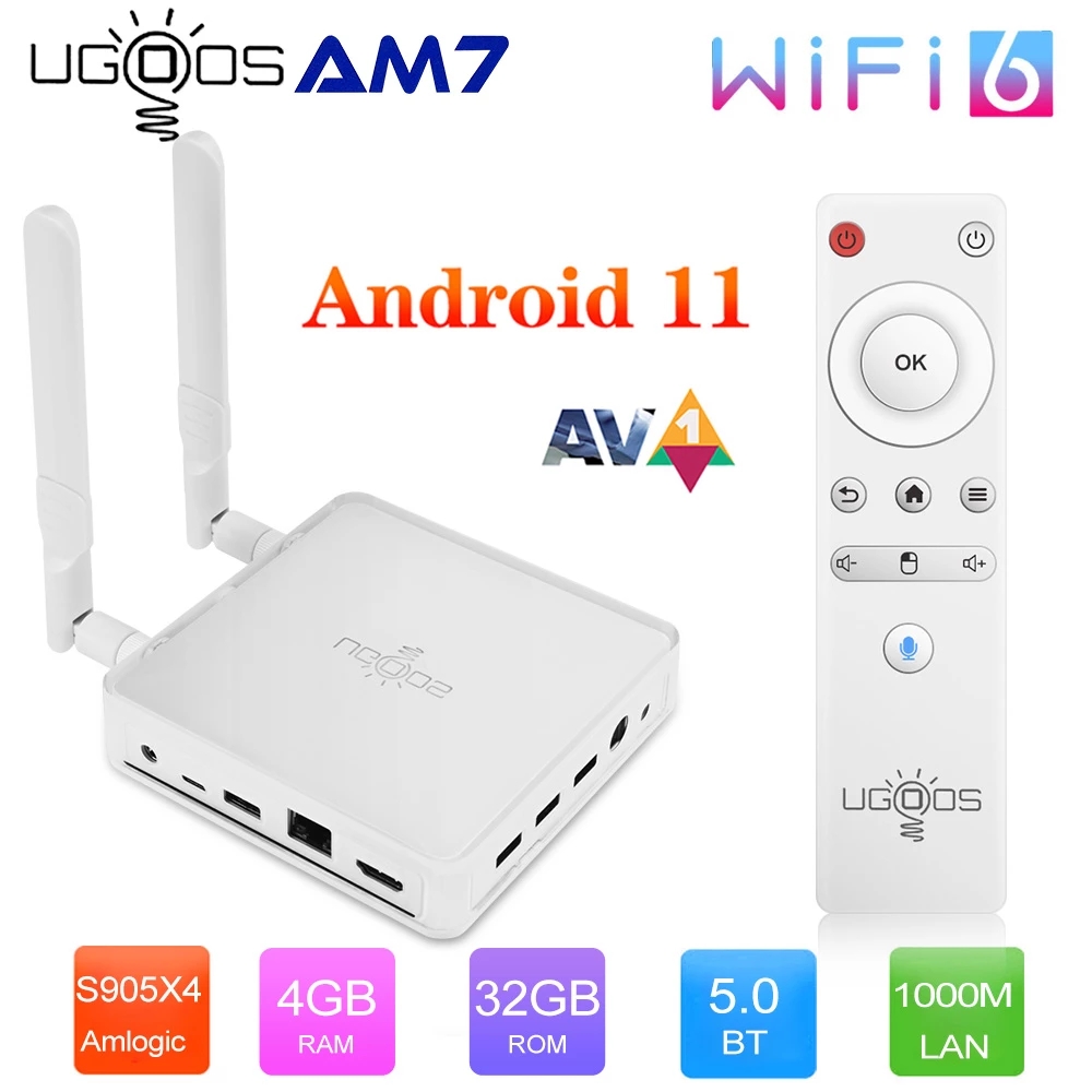 UGOOS AM7 TV BOX Android 11 Amlogic S905X4 DDR4 4GB RAM 32GB ROM Support AV1 CEC HDR WiFi6 1000M BT5.0 OTT 4K TVBOX Set top box
UGOOS AM7 TV BOX Android 11 Amlogic S905X4 DDR4 4GB RAM 32GB ROM Support AV1 CEC HDR WiFi6 1000M BT5.0 OTT 4K TVBOX Set top box