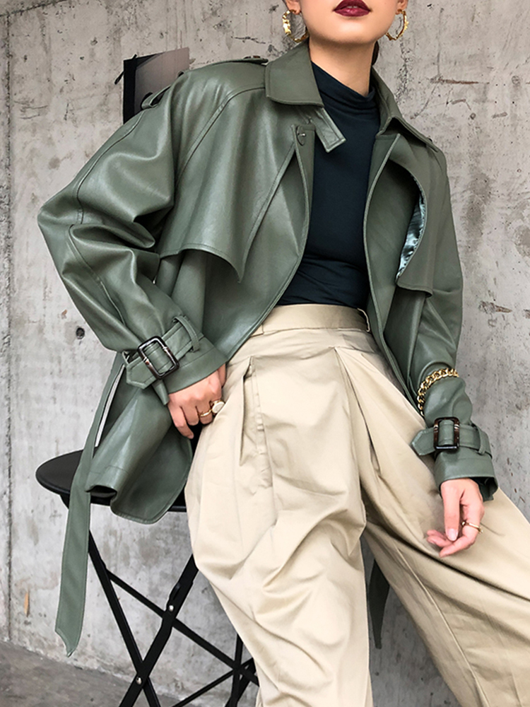 Women's Leather Faux FTLZZ Spring Autumn Women PU Casual Streetwear Outwear Motorcycle Jacket with Belt Green Biker Coat 220919