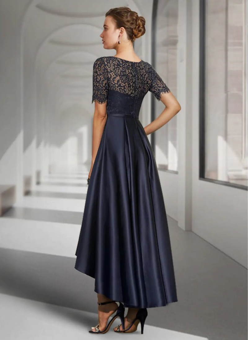 Elegant High Low Mother of the Bride Dresses Dark Navy A-Line Wedding Guest Dress Vintage Jewel Lace Satin Short Sleeve Groom Mom Prom Evening Gowns 2