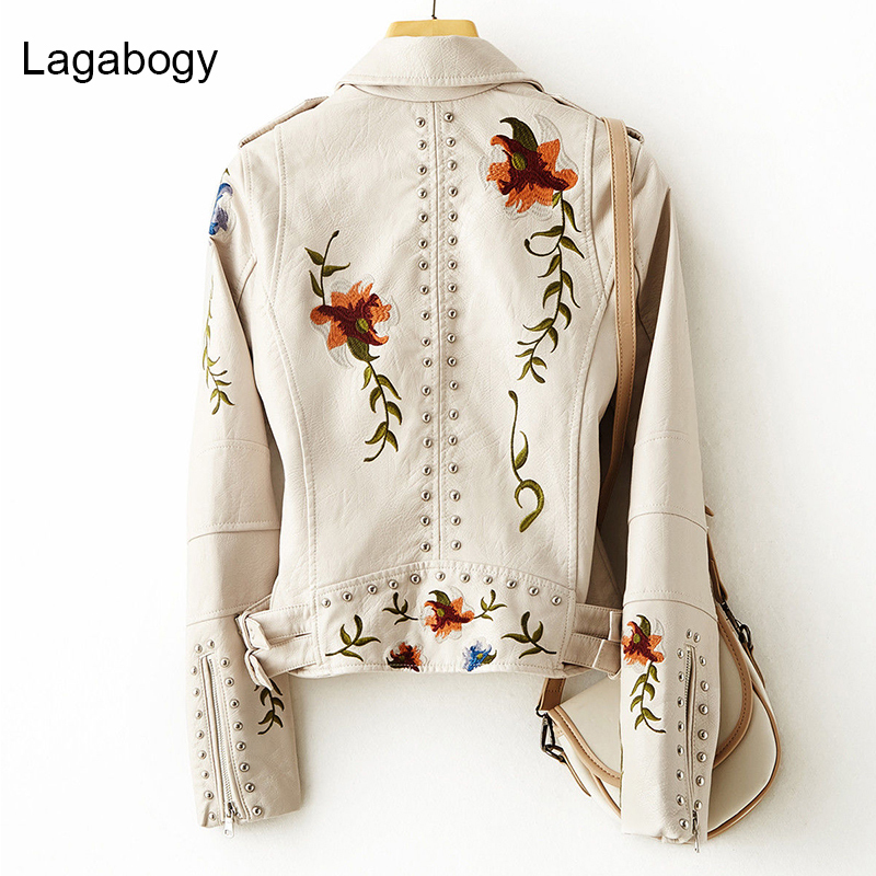 Women's Leather Faux Lagabogy Women Punk Style Fuax Jacket Streetwear Moto Biker Embroidery Floral Print Rivet Pu Coat Oversized Outwear 220919