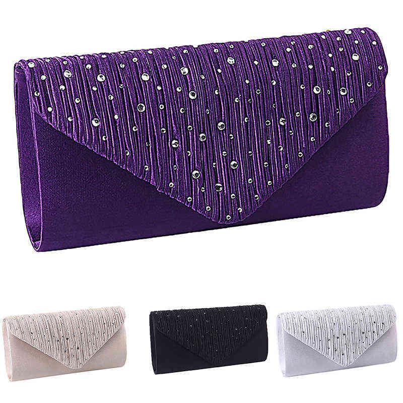 Satin Small Glass Beaded Clutches For Women Fashion Evening Bags Purple Chain Shoulder Bags Party Wedding Vintage Pearl Softback J220719