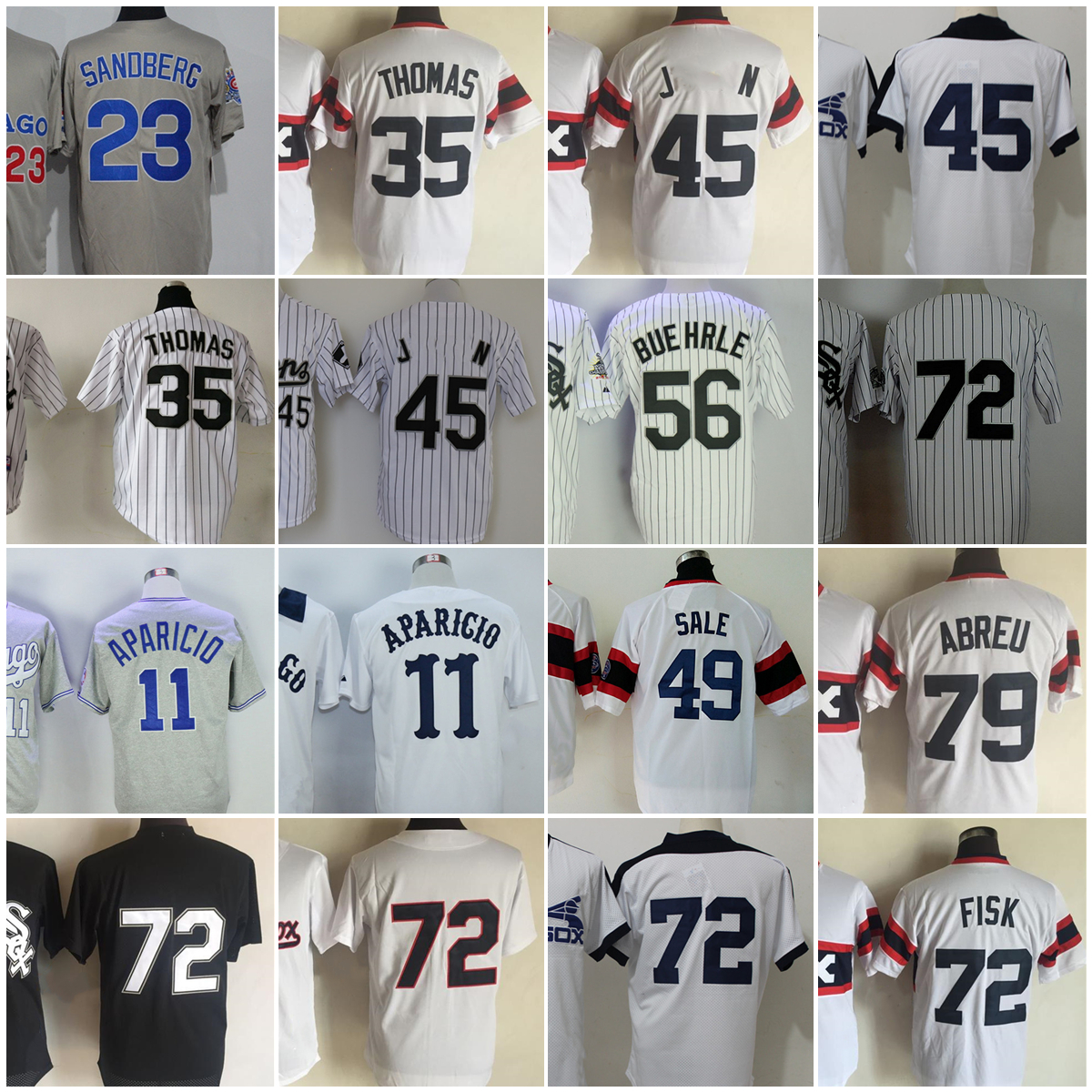 72 Carlton Fisk Vintage Baseball Jerseys 79 Jose Abreu 11 Luis Aparicio 1959 1976 23 Robin Ventura 35 Frank Thomas 49 Chris Sale 56 Mark Buehrle 45# Jersey, As picture
72 Carlton Fisk Vintage Baseball Jerseys 79 Jose Abreu 11 Luis Aparicio 1959 1976 23 Robin Ventura 35 Frank Thomas 49 Chris Sale 56 Mark Buehrle 45# Jersey, As picture