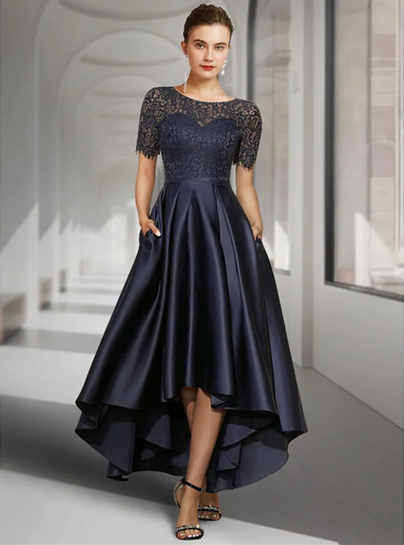 Elegant High Low Mother of the Bride Dresses Dark Navy A-Line Wedding Guest Dress Vintage Jewel Lace Satin Short Sleeve Groom Mom Prom Evening Gowns 2