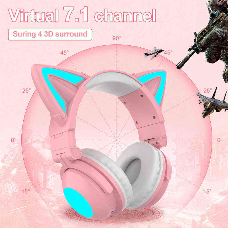 Headsets Cute Wireless Headphones Bluetooth RGB Girls Kid Gift Headset Stereo with Microphone Music Control light Cat Ear Gaming Earphone T220916