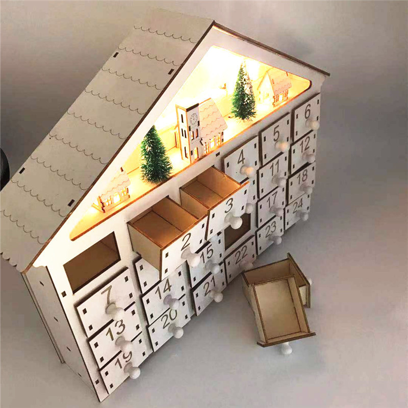 Christmas Decorations White LED 24 Day Wooden Advent Calendar Battery-Operated Light-Up 24 Storage Drawers House Home Decorate 220920