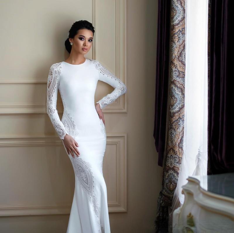 2023 Muslim Elegant Long Sleeve Mermaid Wedding Dress with Lace Appliqued Satin Boho Beach Wedding Gowns Sequined Vestido De Novia GB0920