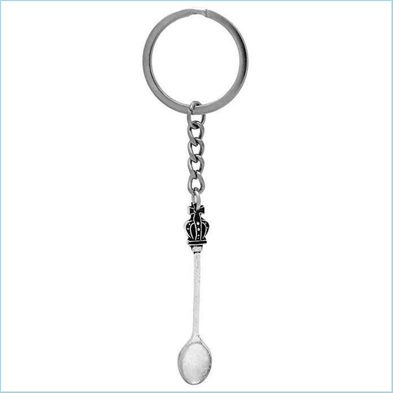 Key Rings Ancient Sier Art Key Chain Polished Retro Mini Tea Spoon Snuff Wonderland Crown Pendant Men Women Holiday Gift Steampunk Ri Dhyby