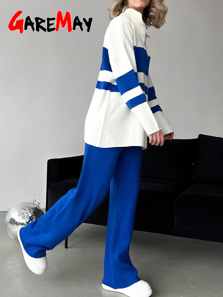 Women's Two Piece Pants Autumn Winter Knitted Suit Warm Tracksuits Loose Sets Knitwear Sweaters Wide for 220919