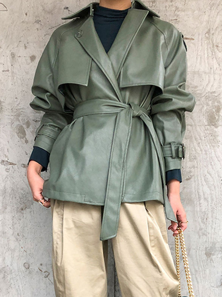 Women's Leather Faux FTLZZ Spring Autumn Women PU Casual Streetwear Outwear Motorcycle Jacket with Belt Green Biker Coat 220919