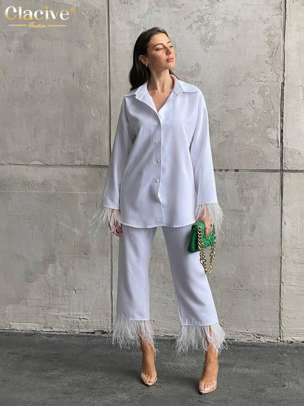 Women's Two Piece Pants Clacive Causal White Home Suit Women Spring Elegant Loose Shirt Set Female Fashion Feather Spliced Trouser Suits 220919