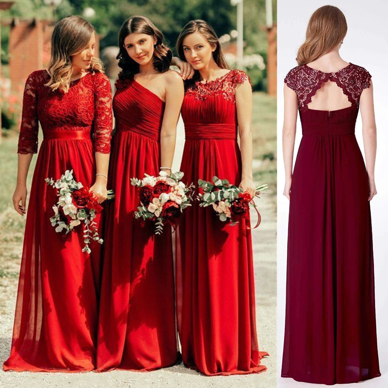 Red Bridesmaid Dresses Long Chiffon Keyhole Backless Lace Top A-Line Cap Sleeves Wedding Party boho beach Wedding Guest Dress