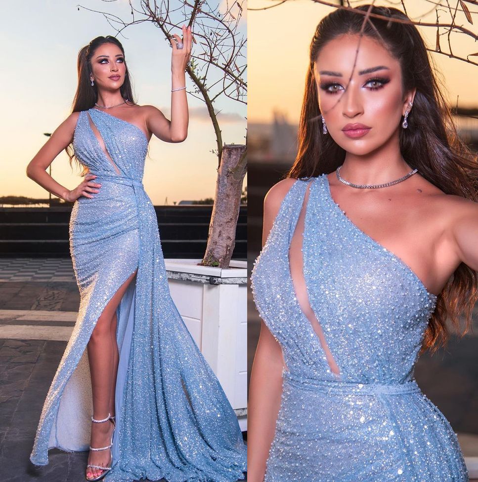 Glitter Sky Blue Mermaid Prom Dresses One Shoulder Sequins Beading Party Dresses Side Split Custom Made Evening Dress