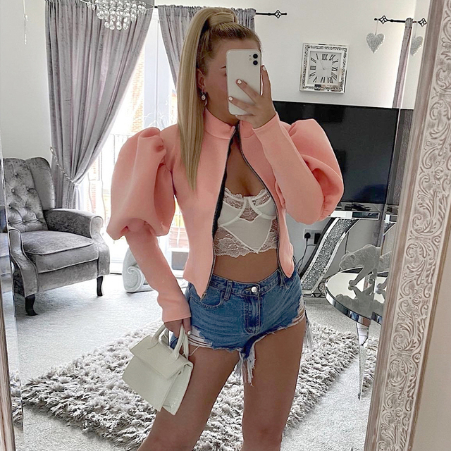 Women's Jackets Sisterlinda Casual Elegant Puff Sleeve Zipper Slim Jacket Women Autumn Skinny Wild Office Lady Coat Y2K Top High Street Clothing 