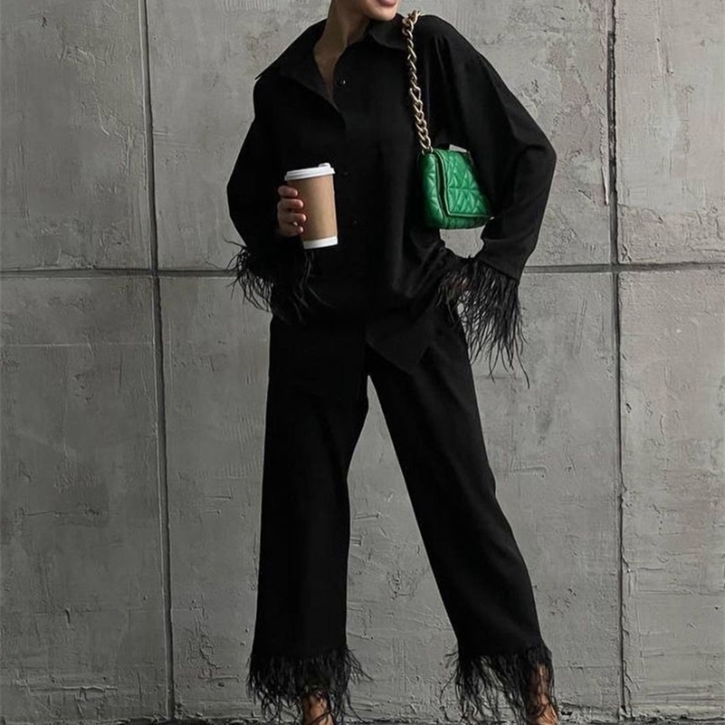 Women's Two Piece Pants Clacive Causal White Home Suit Women Spring Elegant Loose Shirt Set Female Fashion Feather Spliced Trouser Suits 220919