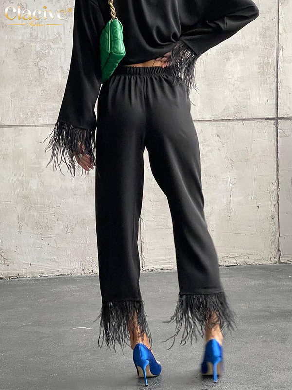 Women's Two Piece Pants Clacive Causal White Home Suit Women Spring Elegant Loose Shirt Set Female Fashion Feather Spliced Trouser Suits 220919