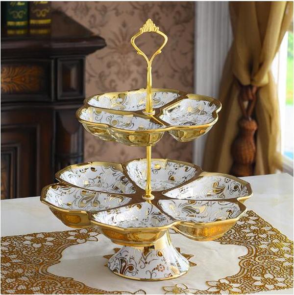 European ceramic double fruit plate gold inlaid snack candy plate ceramic tableware decorative dessert display tray