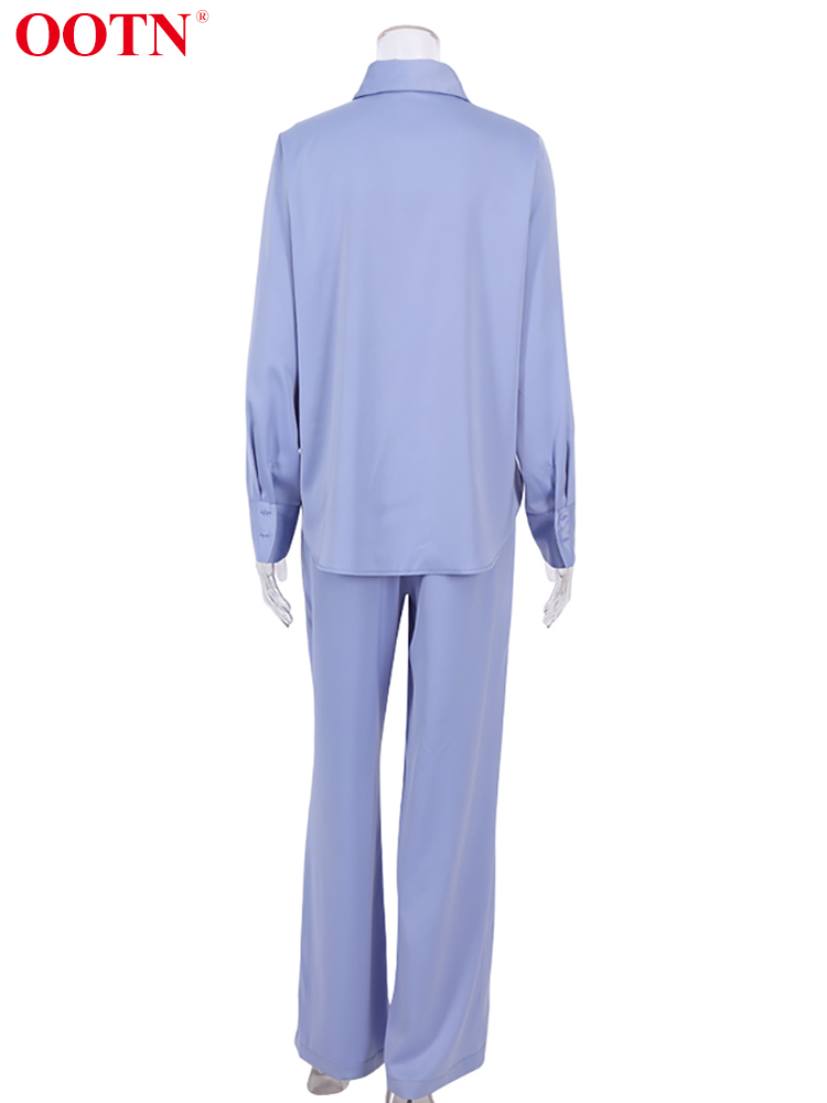 Women's Two Piece Pants OOTN Blue Satin Home Wear Suit Spring Brown Long Sleeve 2 Top And Women Sets Loose Casual Summer Trousers Lady 220919