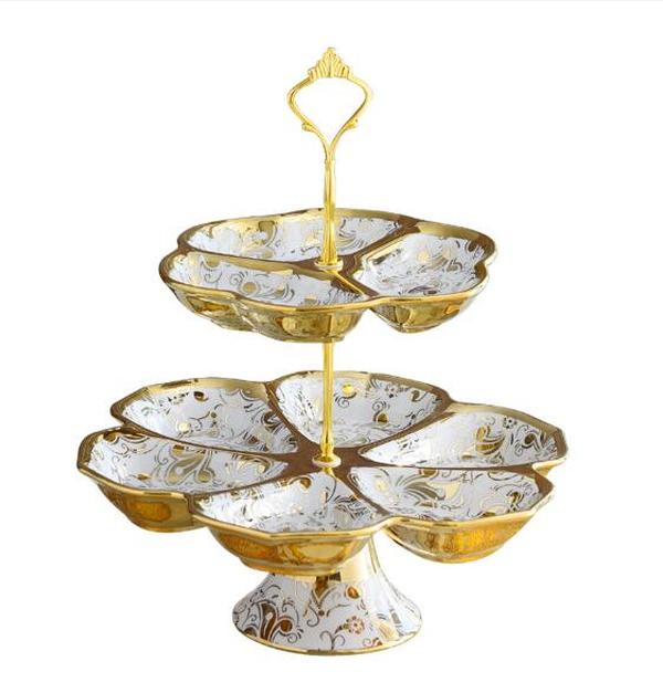 European ceramic double fruit plate gold inlaid snack candy plate ceramic tableware decorative dessert display tray