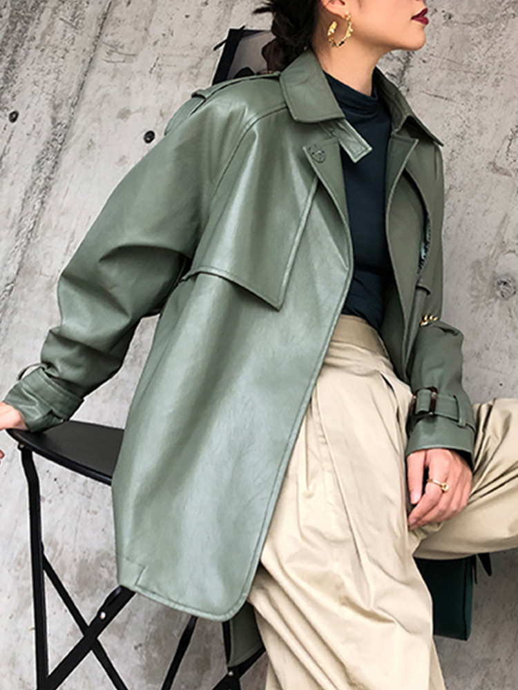 Women's Leather Faux FTLZZ Spring Autumn Women PU Casual Streetwear Outwear Motorcycle Jacket with Belt Green Biker Coat 220919