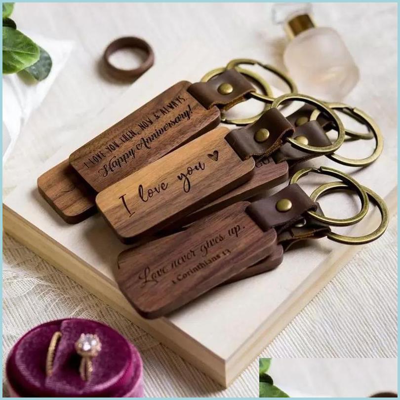 Keychains Wooden Personalize Keychains Blanks For Engraving Handmade Leather Keychain Round Rec Wood Lage Decoration Key Ring 92 D3 D Dh5Jt
