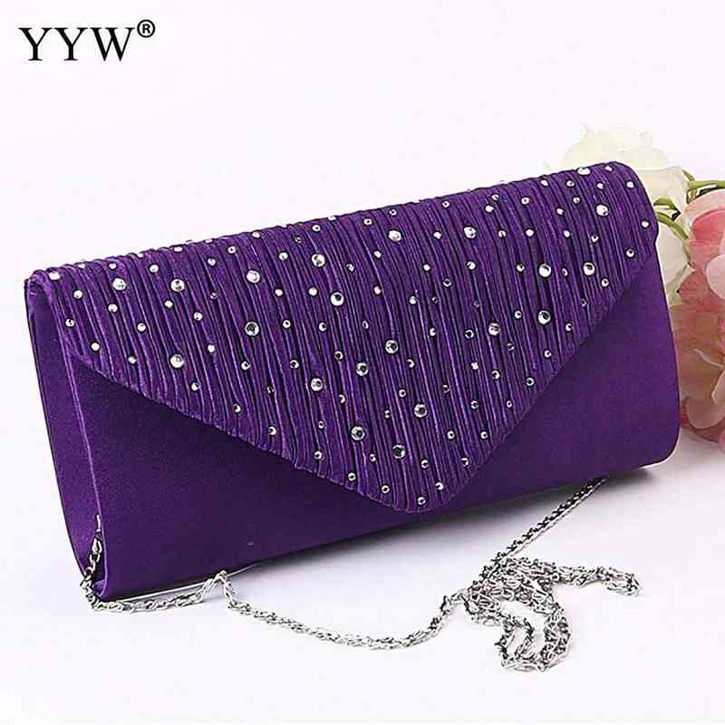 Satin Small Glass Beaded Clutches For Women Fashion Evening Bags Purple Chain Shoulder Bags Party Wedding Vintage Pearl Softback J220719