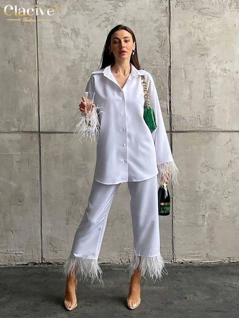 Women's Two Piece Pants Clacive Causal White Home Suit Women Spring Elegant Loose Shirt Set Female Fashion Feather Spliced Trouser Suits 220919