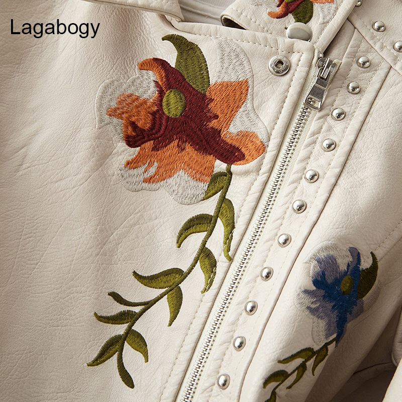 Women's Leather Faux Lagabogy Women Punk Style Fuax Jacket Streetwear Moto Biker Embroidery Floral Print Rivet Pu Coat Oversized Outwear 220919