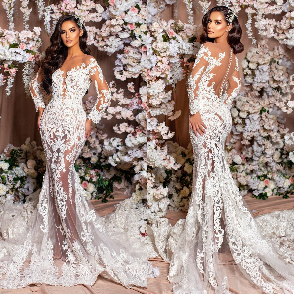 Sexy Mermaid Wedding Dress Long Sleeve Sheer Neck Lace Appliqued Illusion Bridal Gowns Saudi Arabia robes de mariee