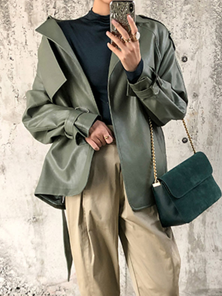 Women's Leather Faux FTLZZ Spring Autumn Women PU Casual Streetwear Outwear Motorcycle Jacket with Belt Green Biker Coat 220919