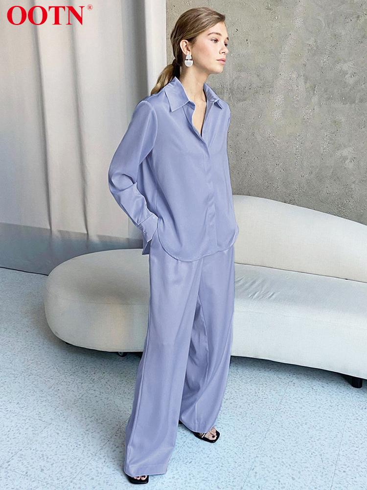 Women's Two Piece Pants OOTN Blue Satin Home Wear Suit Spring Brown Long Sleeve 2 Top And Women Sets Loose Casual Summer Trousers Lady 220919