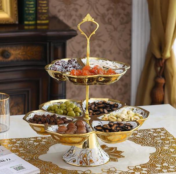 European ceramic double fruit plate gold inlaid snack candy plate ceramic tableware decorative dessert display tray