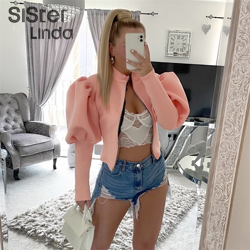 Women's Jackets Sisterlinda Casual Elegant Puff Sleeve Zipper Slim Jacket Women Autumn Skinny Wild Office Lady Coat Y2K Top High Street Clothing 