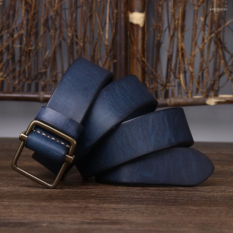 belts highquality mens punchfree nonporous leather belt pure copper smooth buckle retro simple 3 8cm width denim trousers