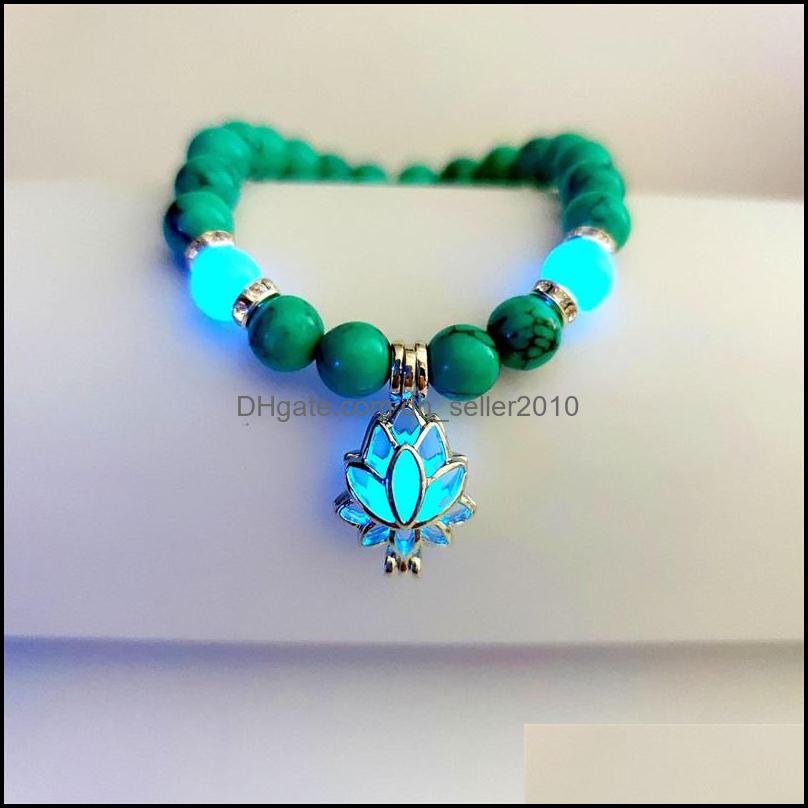 Charm Bracelets Luminous Natural Stones Glowing In The Dark Bracelet Lotus Flower Shaped Charm For Women Yoga Prayer Buddhism Jewelry Dh875
