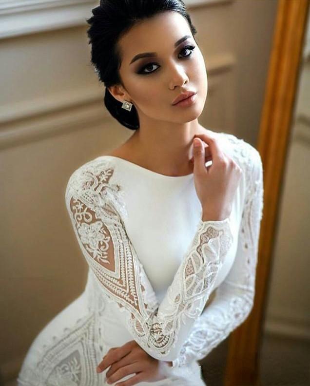 2023 Muslim Elegant Long Sleeve Mermaid Wedding Dress with Lace Appliqued Satin Boho Beach Wedding Gowns Sequined Vestido De Novia GB0920