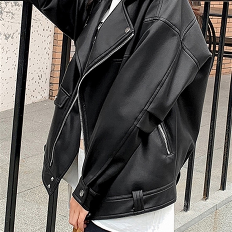 Women's Leather Faux Sungtin Jacket Women Casual PU Loose Motorcycle Jackets Female Streetwear Oversized Coat Korean Chic Spring 220919