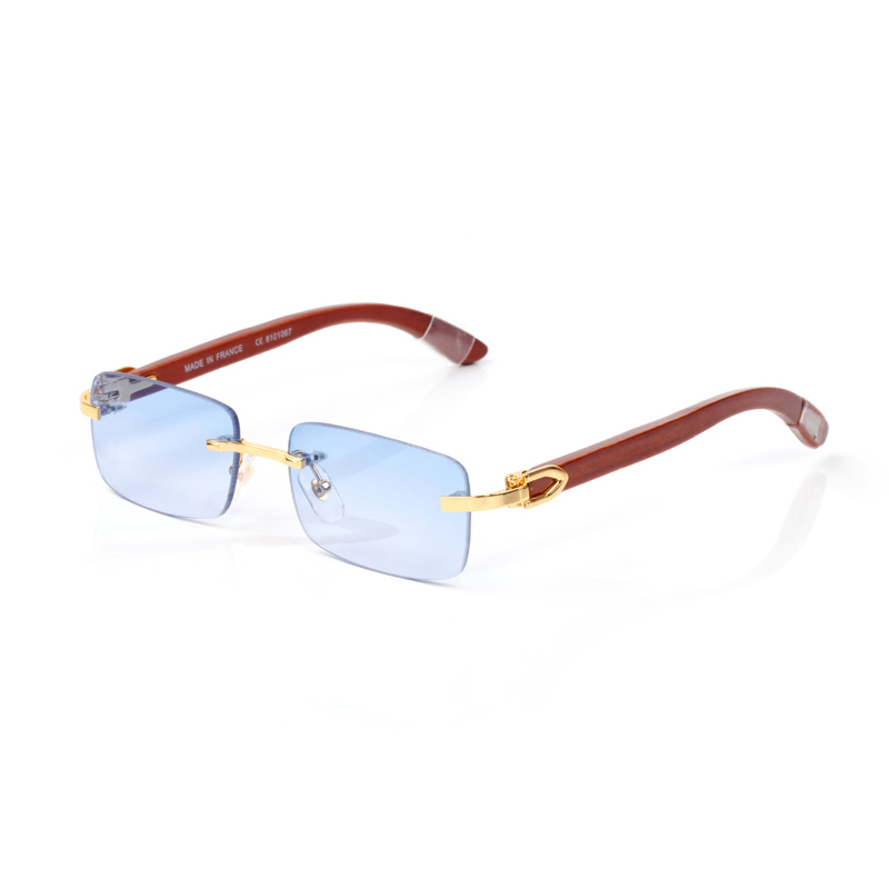 Carti Designer Sunglasses for Women Mens Square Rimless Light Blue Decorative Mirror Rectangular Buffalo Horn Glasses Fashion Luxury Wood Frame with Original Box