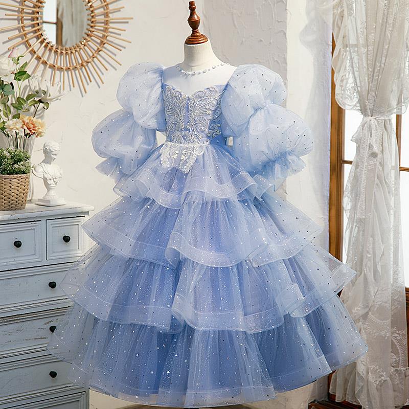 blue Lace Flower Girl Dress Bows Children's First holy Communion Dress Princess Formal Tulle Ball Gown Wedding Party 2-14 years