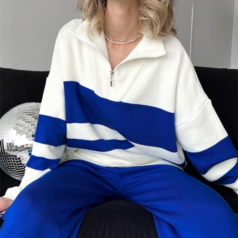 Women's Two Piece Pants Autumn Winter Knitted Suit Warm Tracksuits Loose Sets Knitwear Sweaters Wide for 220919