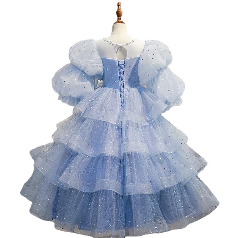 blue Lace Flower Girl Dress Bows Children's First holy Communion Dress Princess Formal Tulle Ball Gown Wedding Party 2-14 years