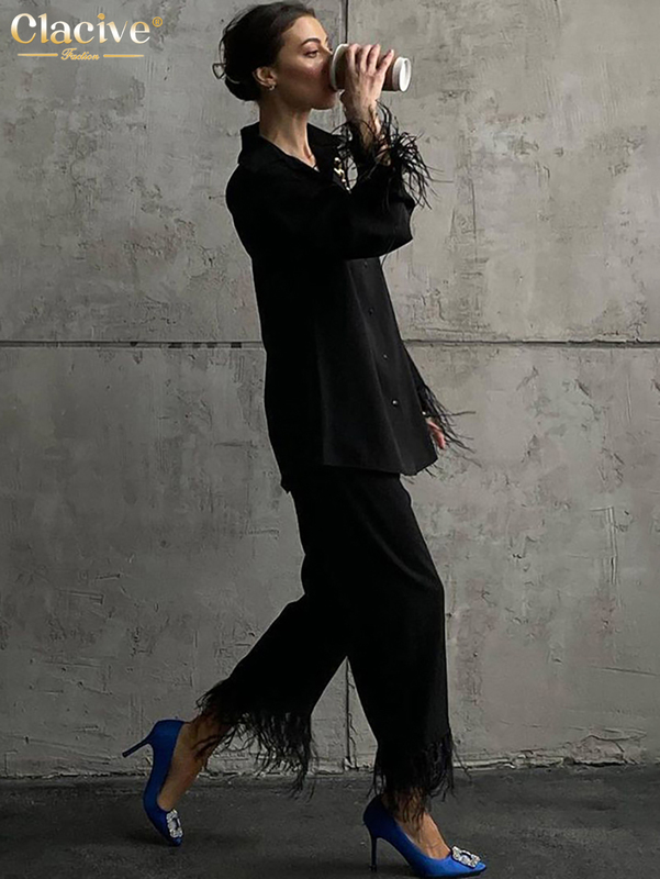 Women's Two Piece Pants Clacive Causal White Home Suit Women Spring Elegant Loose Shirt Set Female Fashion Feather Spliced Trouser Suits 220919