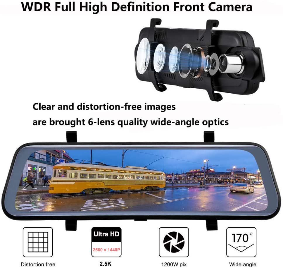 12-Inch 2.5K Dual-Lens Car DVR with Touch Screen and Rear View Camera, Voice Control, Smart Parking Assist Modes