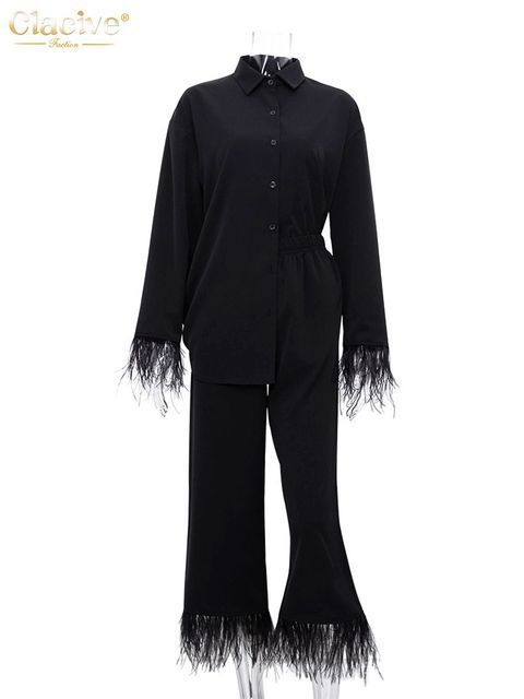 Women's Two Piece Pants Clacive Causal White Home Suit Women Spring Elegant Loose Shirt Set Female Fashion Feather Spliced Trouser Suits 220919