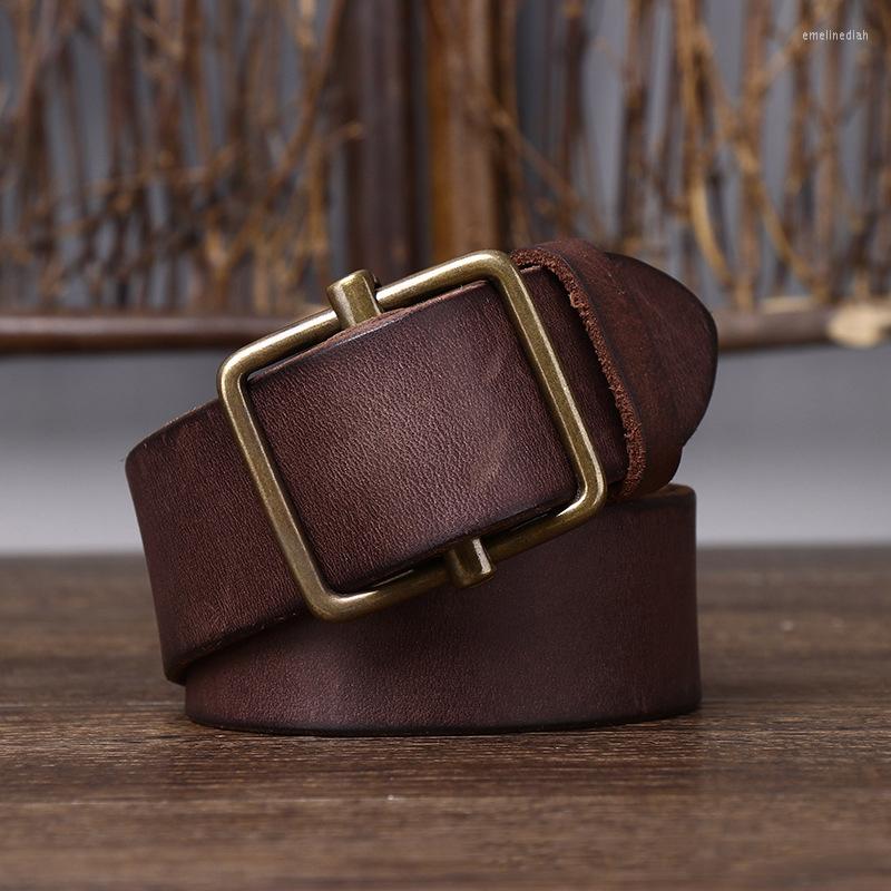 belts highquality mens punchfree nonporous leather belt pure copper smooth buckle retro simple 3 8cm width denim trousers