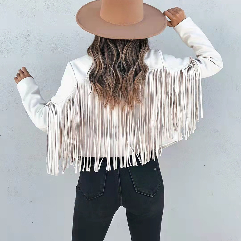 Women's Jackets Imcute Womens Vintage Lapel Long Sleeve Fringe Cropped Hippie Motor Biker Cardigan Outwears Faux Suede Tassel Jacket 220919